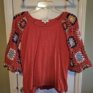 Umgee Red Top with Colorful Crochet Sleeves